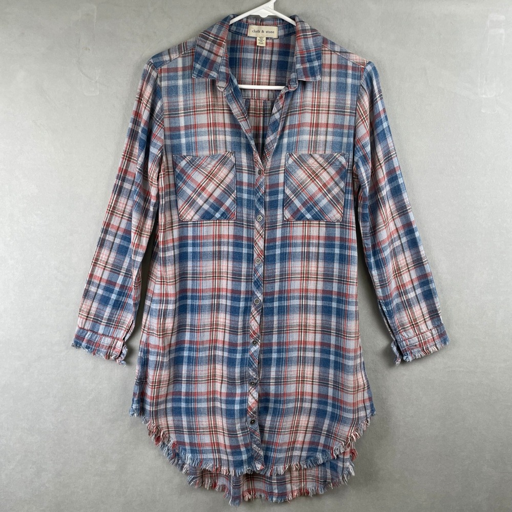 Cloth & Stone Blue Plaid Western Fringe Hem Button Down Tunic Shirt Dress PXS